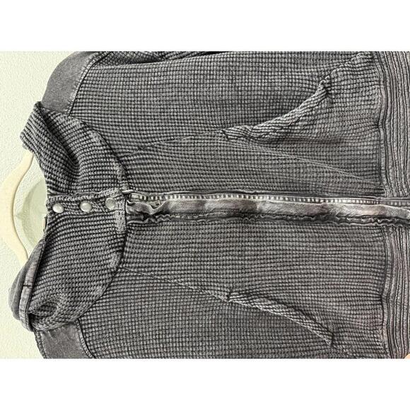 Free People Women's Mason Hoodie in Acid Wash Black,Waffle Knit Zip-Up Hoodie - Picture 5 of 8